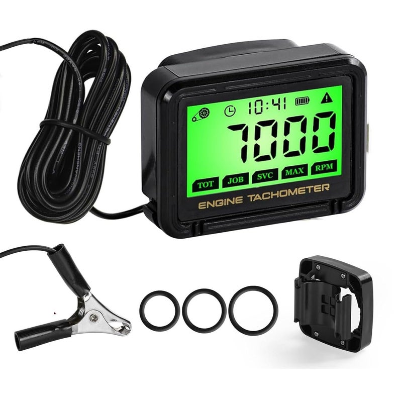 HTPREC Digital Chainsaw Tachometer Motorcycle Pulse Engine Tachometer Adjustable Green Backlight Tacho Meter ATV RPM calibrated Gauge for Lawn Mower Dirt Bike Boat Marine UTV Small Engines - Image 1